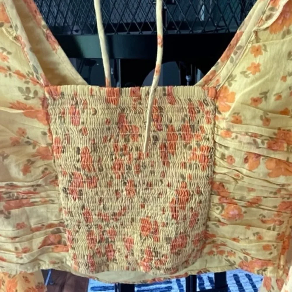 Free People Yellow Floral Print Blouse Ruffles Ruching Balloon Sleeve Small NWT